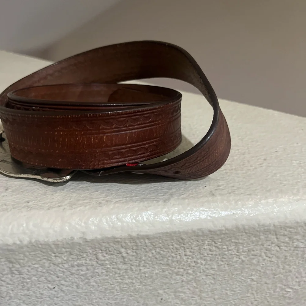 VNTG Genuine Brown Leather Belt Silver Buckle‎ Fit For a King Crown western